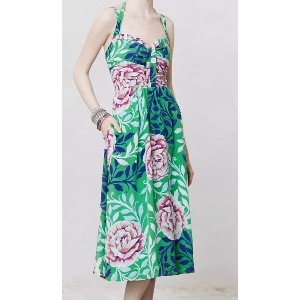 ANTHROPOLOGIE MOULINETTE SOEURS Women's Silk Halter Dress Size 0 Rosamund Floral